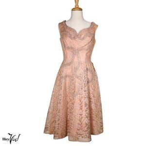 Vintage 50s Party Dress Sequin Pink Lace Sweetheart Neckline Sm B36 W26 -Hey Viv